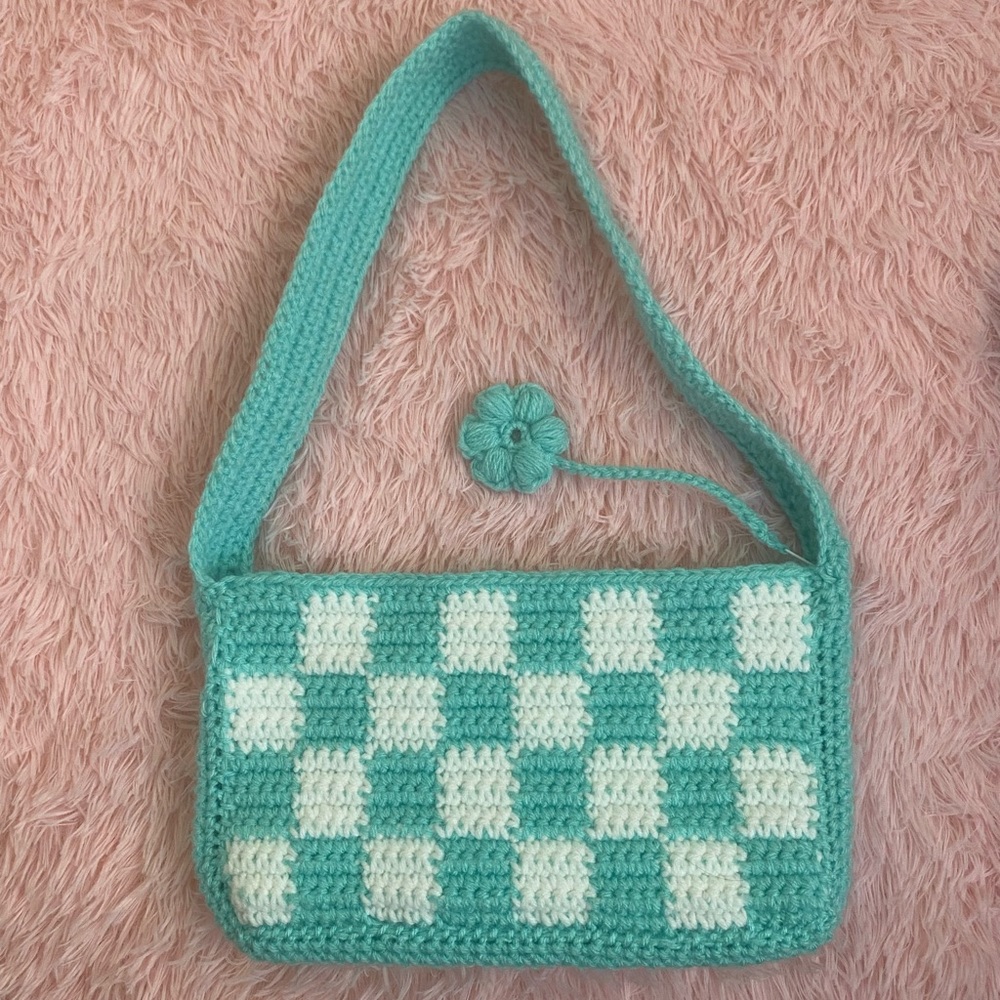 Crochet shoulder bag neon blue and white